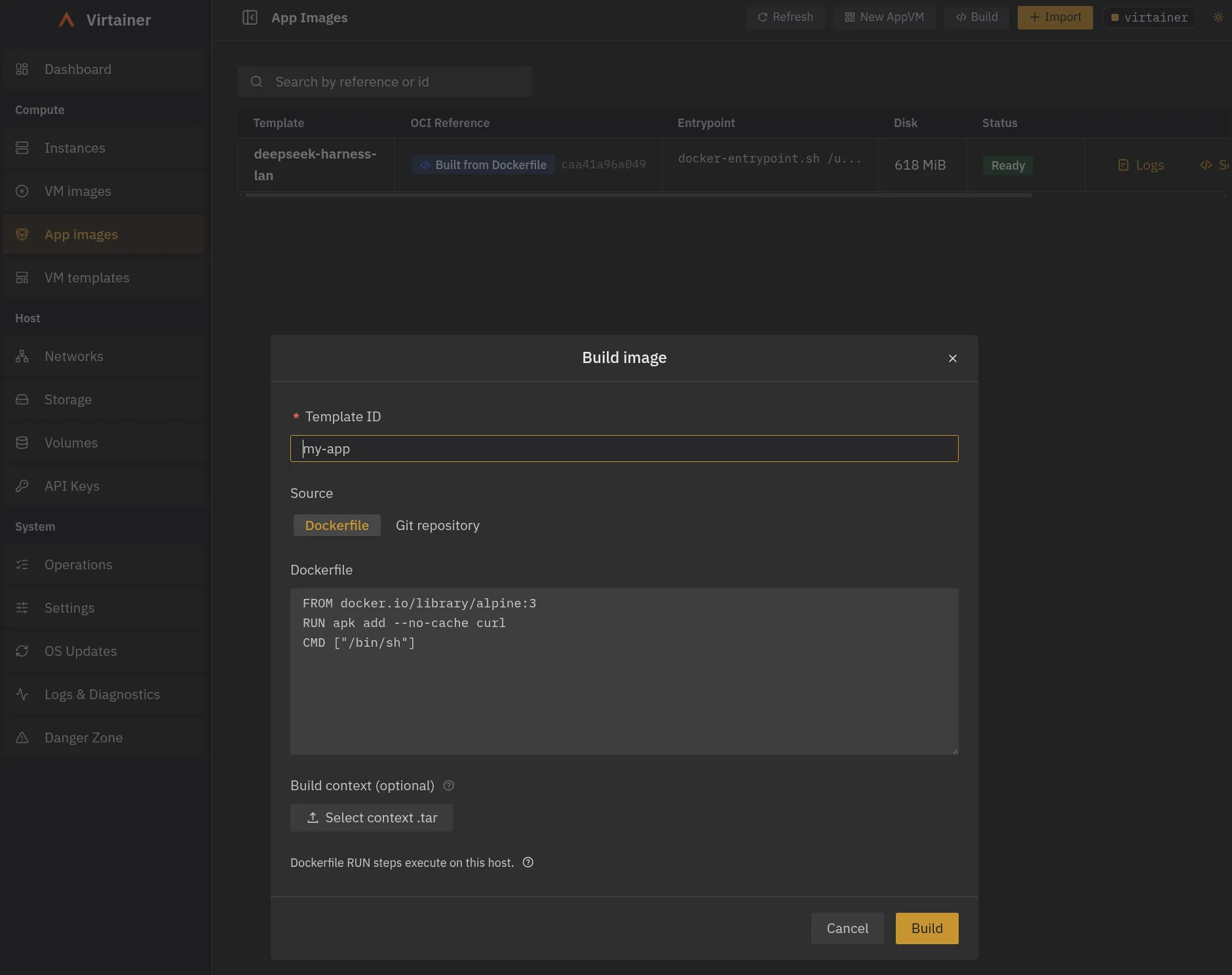 The Build image dialog: a Template ID field, a Dockerfile source tab, an inline Dockerfile text area, an optional build context upload, and a note that RUN steps execute on this host.
