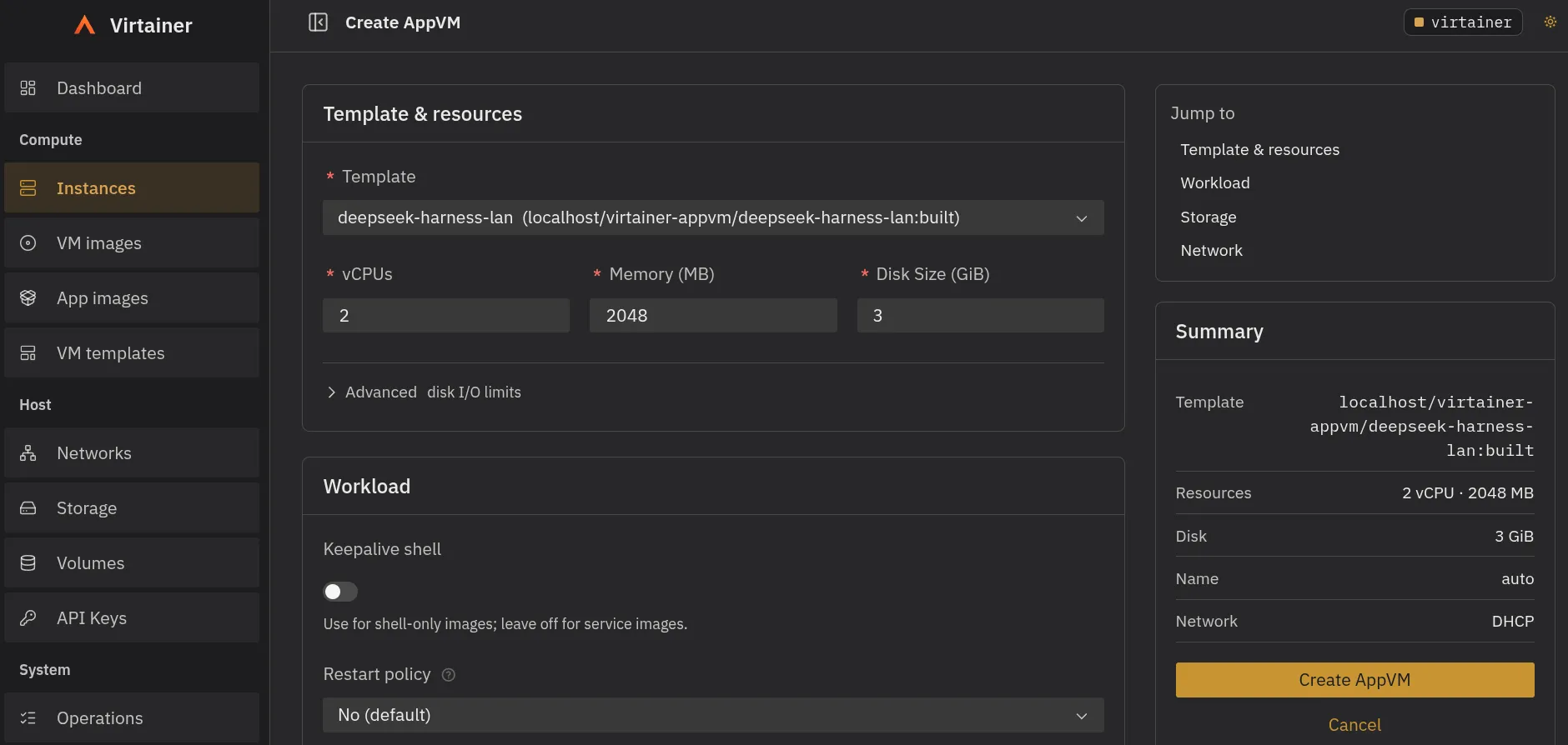 The Create AppVM form: a template dropdown, vCPU, memory and disk fields, a Keepalive shell toggle, a restart policy selector, and a summary panel showing resources, disk, name and DHCP network.